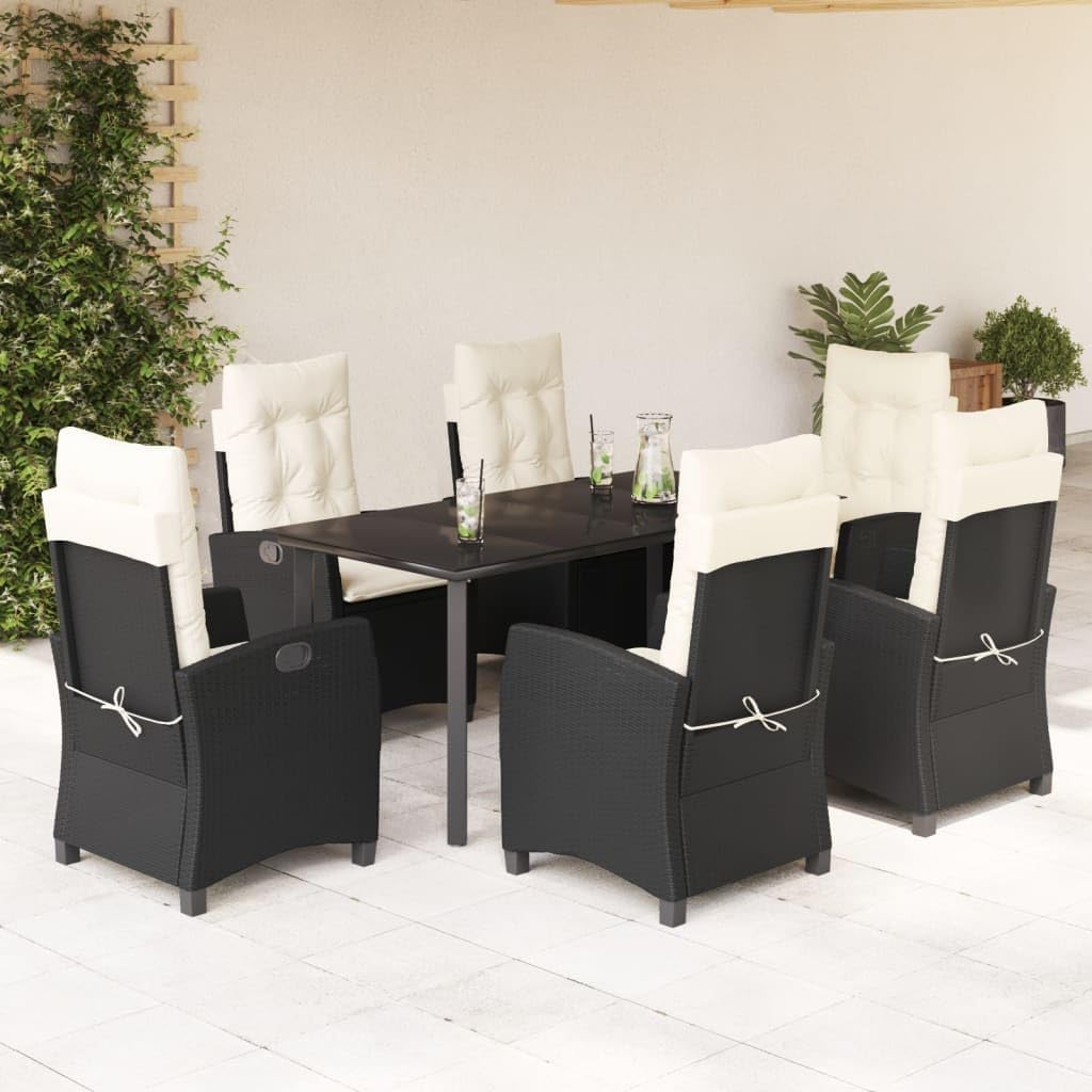 7 Piece Patio Dining Set with Cushions Black Poly Rattan,Adjustable Rattan Garden Furniture Set with Tempered Glass Table for Outdoor Dining and Relaxation Furniture Sets for Patio, Lawn & Garden