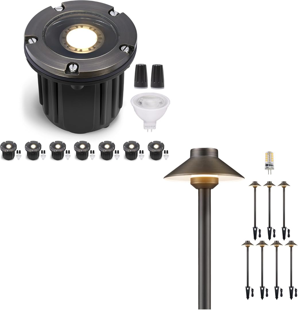 Gardenreet Low Voltage Landscape In Ground Lights Bundle, 8-Pack Brass 12V Well Light Wired, 8-Pack Brass LED Pathway Lights Outdoor, IP65 Waterproof with Bulb