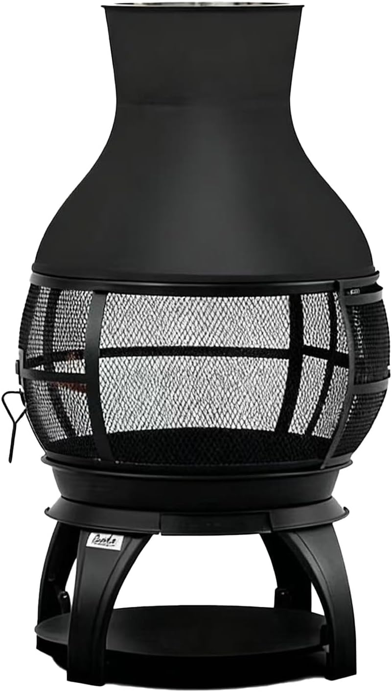 Outdoor Wood Burning Fire Pit with Chimney, Black Steel, Round Patio Fireplace with Stand Customized (Black)