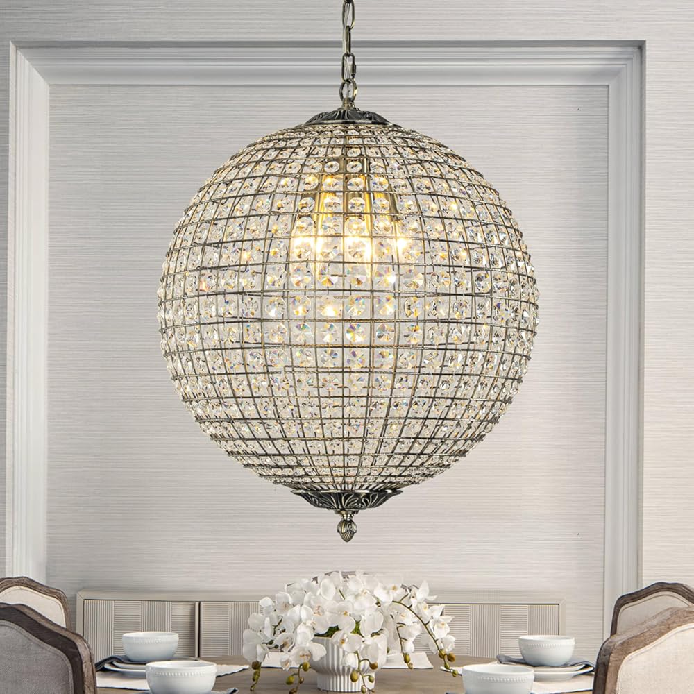 ALOADECOR 5-Light W20 in Vintage Crystal Sphere Chandelier in Antique Gold Modern Glam Globle Cage-Style Shade Pendant Light for Dining Room Living Room