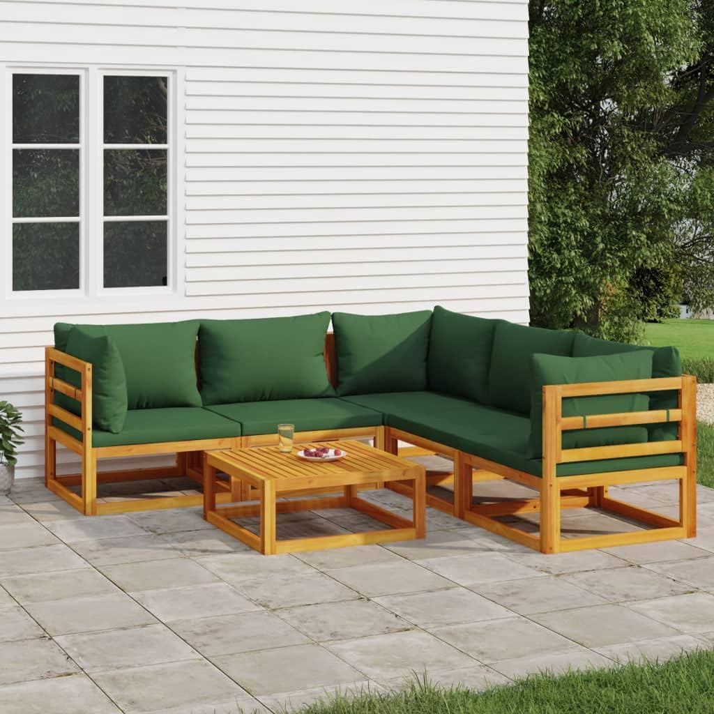 6 Piece Patio Lounge Set with Green Cushions Solid Wood,Elegant Acacia Wood Patio Lounge Set with Comfortable Cushions and Modular Design for Versatile Outdoor Relaxation Patio Furniture Sets, Outdoor