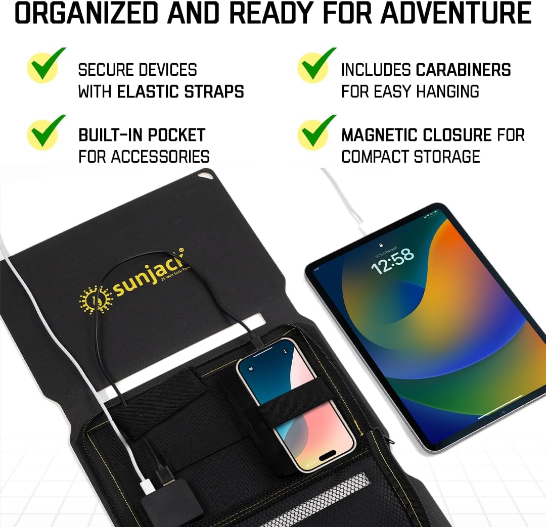 SunJack 25 Watt Foldable IP67 Waterproof ETFE Monocrystalline Solar Panel + 2X 10000mAh Power Banks with USB-A and USB-C for Cell Phones, Tablets and Portable for Backpacking, Camping, Hiking