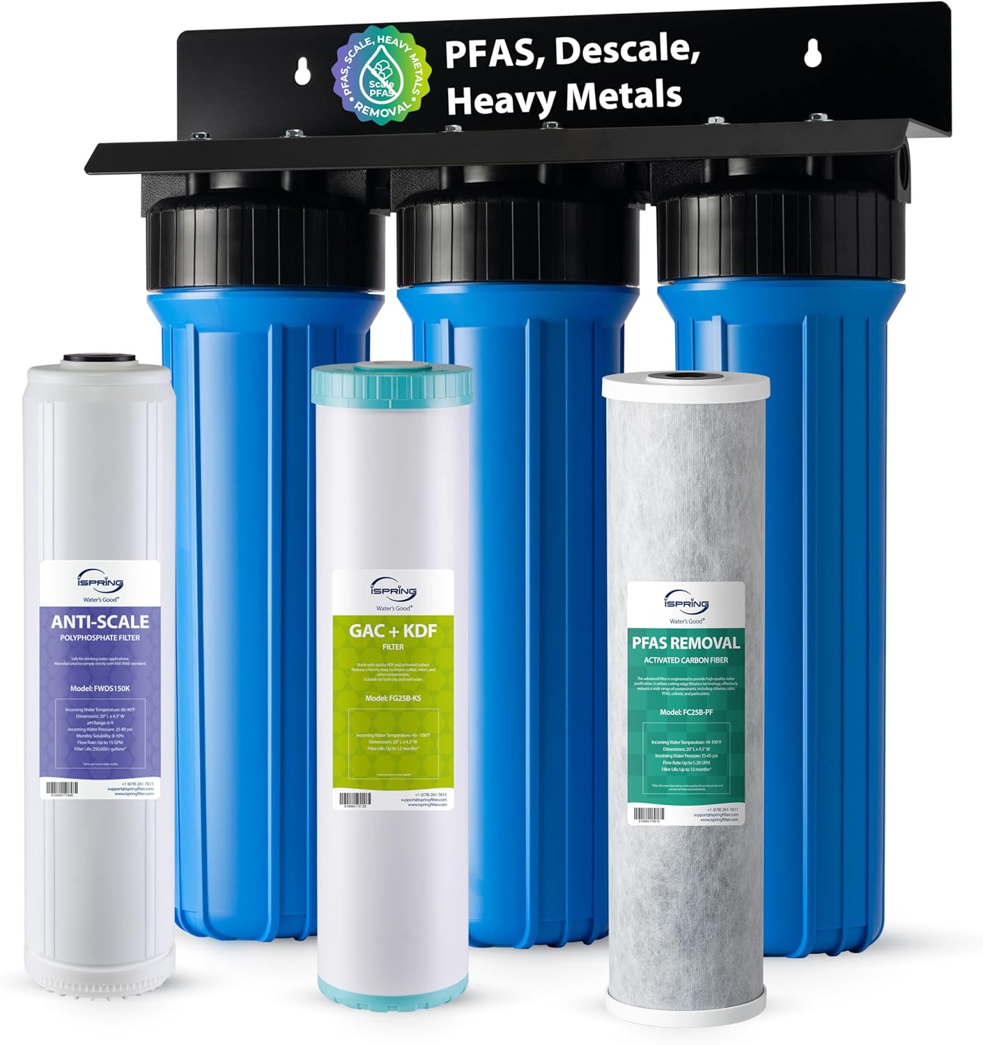 iSpring Whole House Water Filter System, Ultimate PFAS, Scale, Heavy Metals Protection Removes Up to 99% PFOA & PFOS with SGS-Tested Media, 3-Stage Filtration, 20” x 4.5” Filters, Model: WGB32B-PFKDS