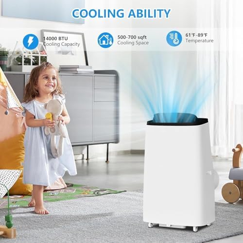 14000 BTU Portable Air Conditioner with Dehumidifier & Fan - 3-in-1 Cooling Unit for Rooms Up to 750 Sq.Ft, 90Pints/Day Dry Mode, 50dB Ultra Quiet, Self-Evaporative, Window Kit Included
