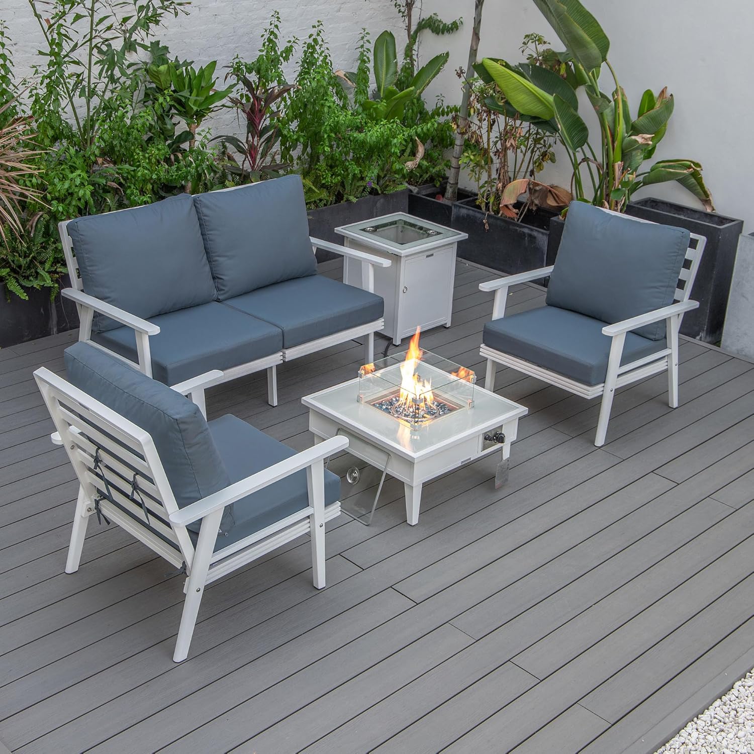 LeisureMod Walbrooke Modern Aluminum 5-Piece Patio Conversation Set with Outdoor Square Fire Pit Side Table Tank Holder, Navy Blue