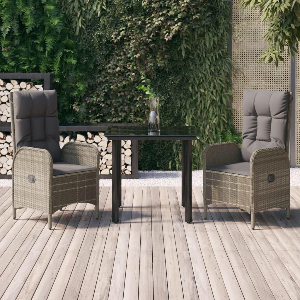 3 Piece Patio Dining Set with Cushions Black and Gray Poly Rattan Garden Furniture