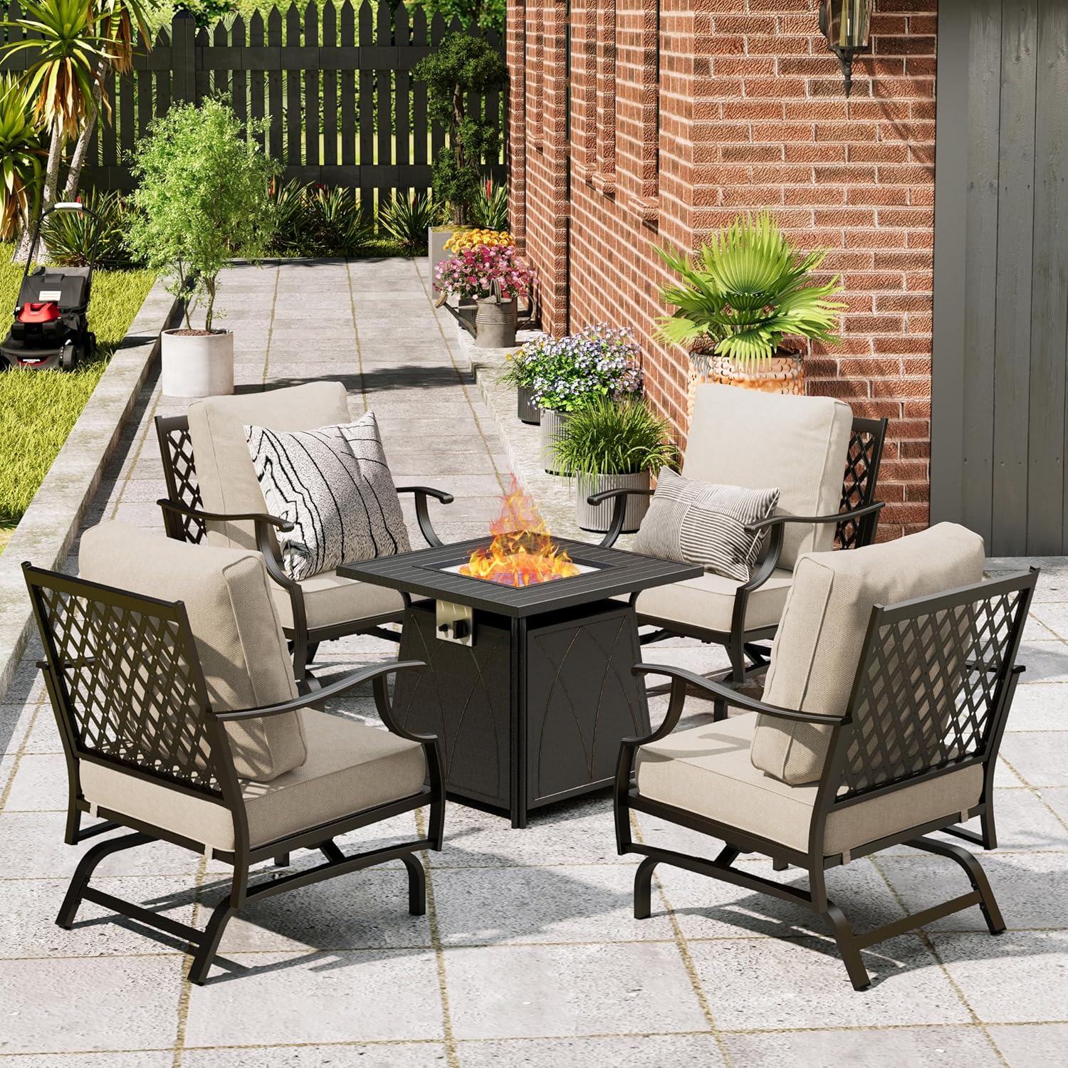 Patio Furniture Set with Firepit Table, 5 Pcs Metal Outdoor Conversation Set, 4 Rocking Chairs with 5.75