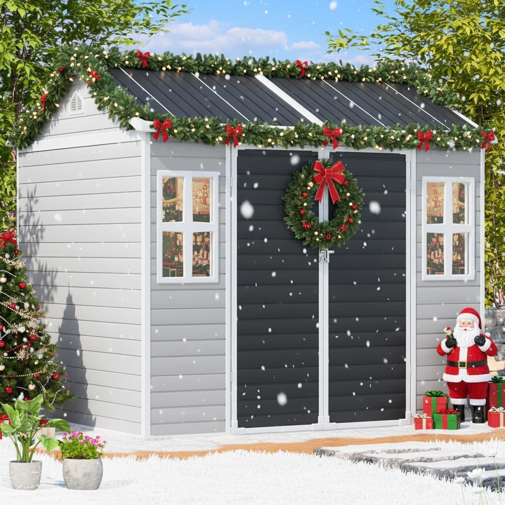 8x6 Shed Plastic Outdoor Storage with Floor & Lockable Doors, All Weather Resin Lean to Sheds with Window and Vents, Garden Tool Cabinet for Bike,Toy, Lawnmower