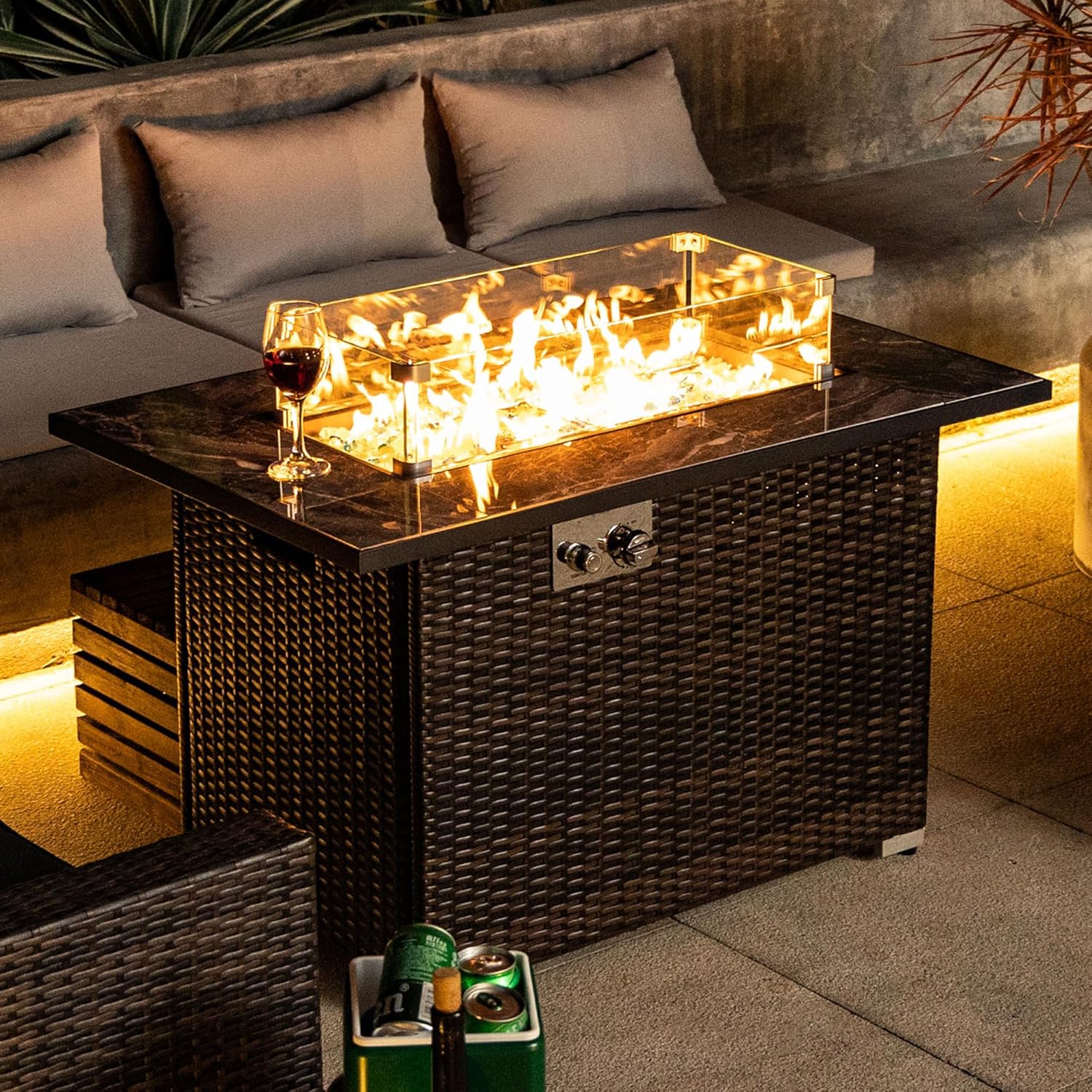 44inch Outdoor Fire Pit Table,ropane Fire Table with Ceramic Tabletop,with Rain Cover,Gas FirePit Table,for Outside Garden Backyard Deck Patio (Square)