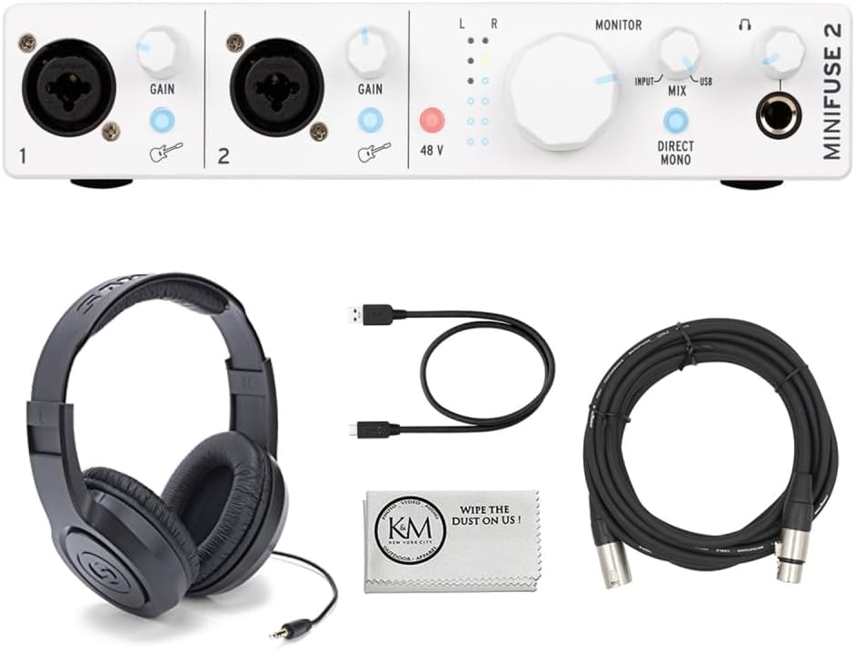 Arturia MiniFuse 2 Portable 2x2 USB Type-C Audio/MIDI Interface | White Bundle with 20ft XLR Microphone Cable + Over-Ear Stereo Headphones + Microfiber Cleaning Cloth (4 Items)