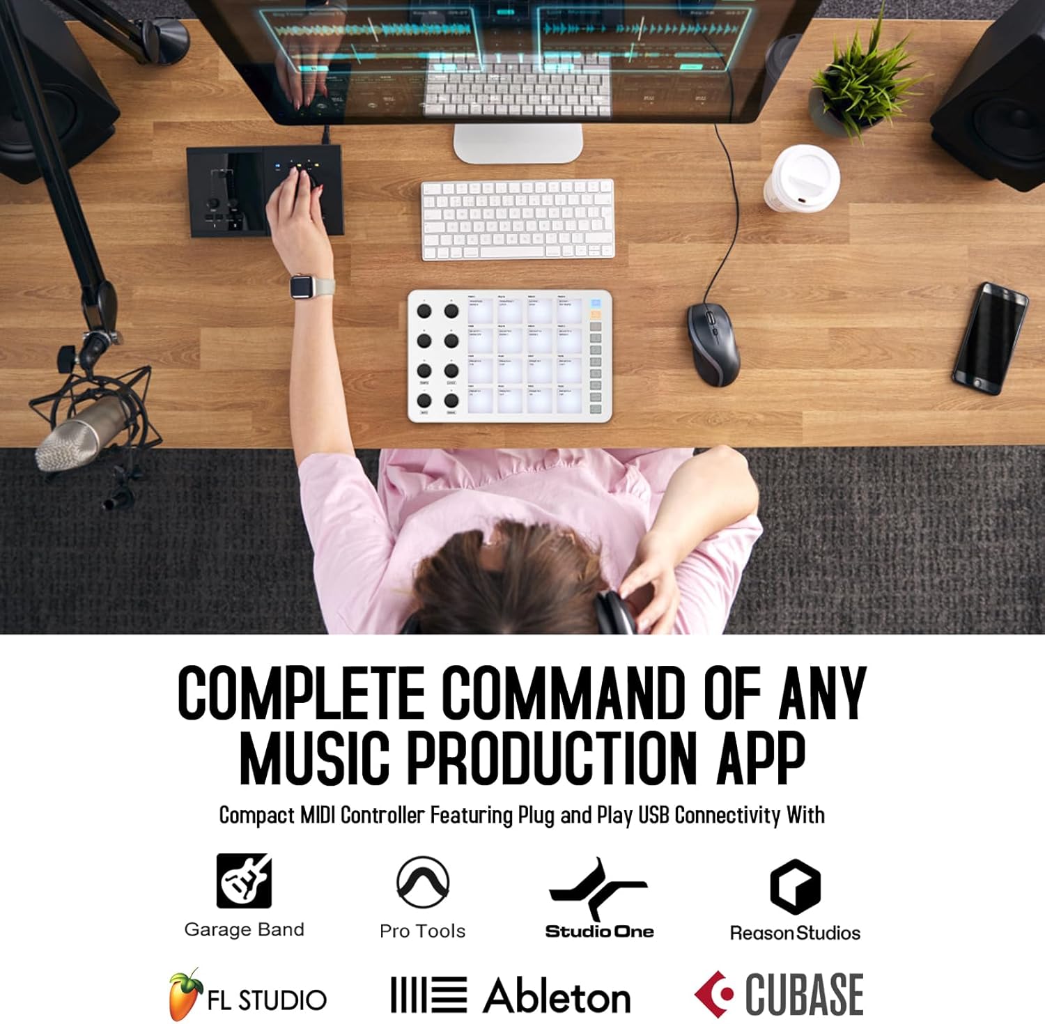 Wireless MIDI Controller Pads, Bluetooth Portable USB MIDI Controller with 16 Drum Pads, 8 Assignable Knobs, Note Repeat, Full Level Buttons, Rechargeable battery (White Pad)