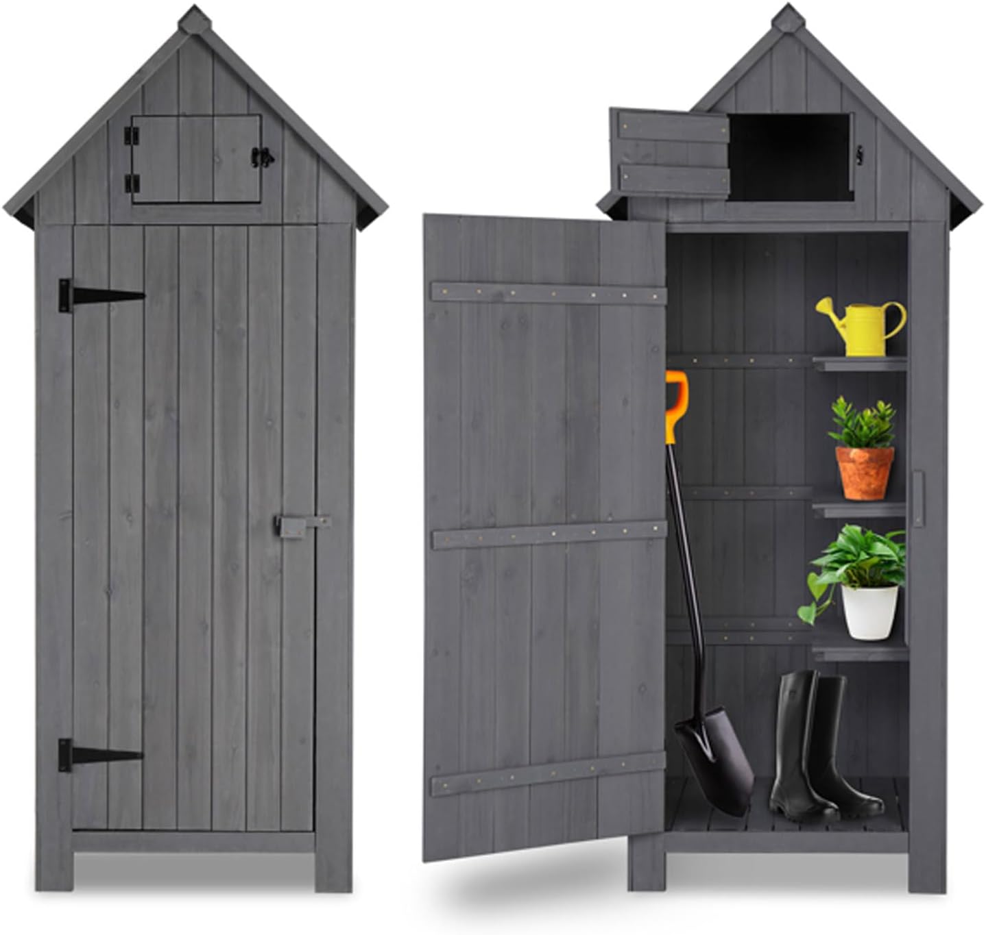 Garden Storage Shed Gray Outdoor Storage Cabinet with 3 Shelves, Single Door and Latch, Wooden Outside Tool Cabinet Shed with Sloping Waterproof Sheet Roof for Yard Patio Lawn Deck