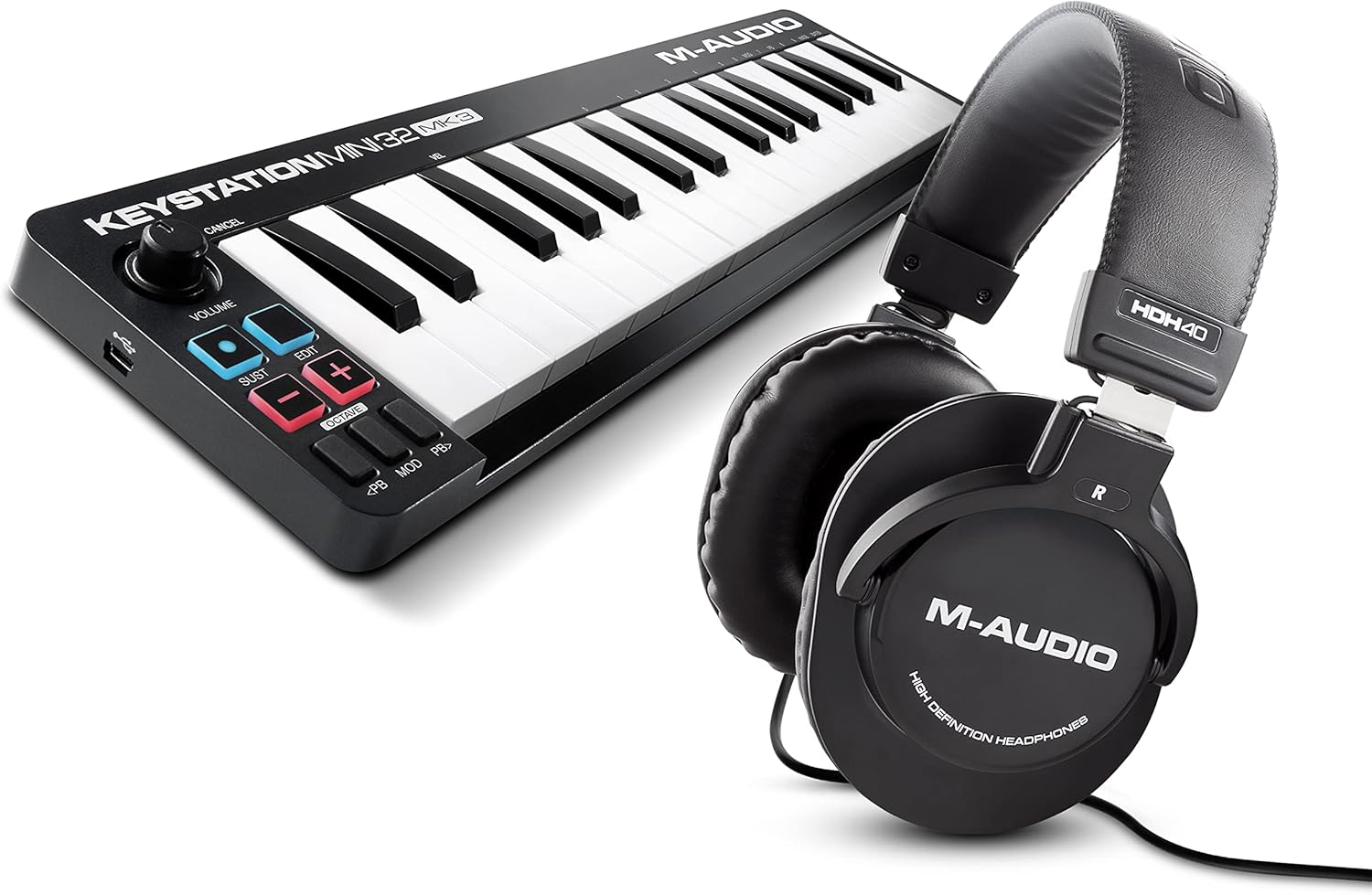 M-AUDIO Keystation Mini 32 MK3 MIDI Controller Bundle with Headphones for Studio Recording, Music Production, Podcasting, Streaming