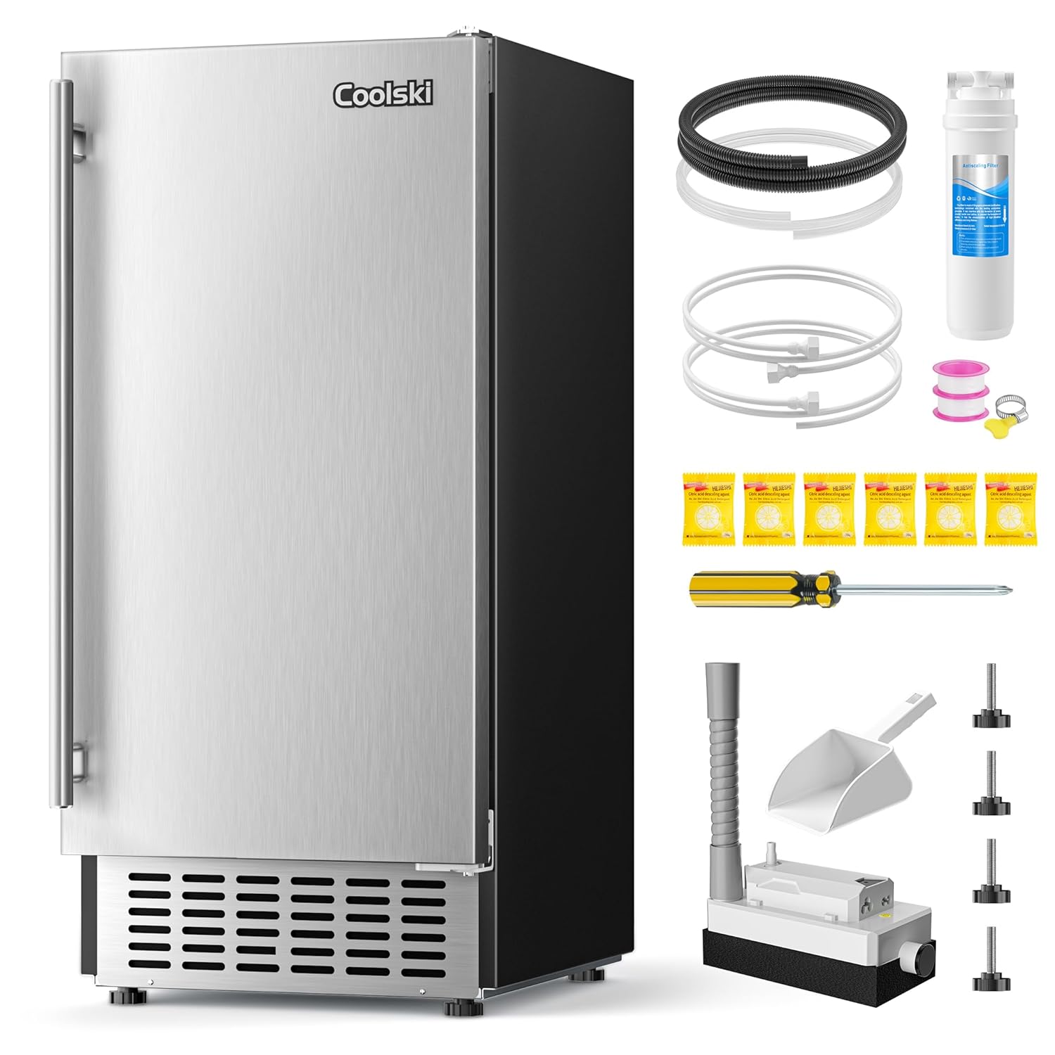 Coolski Commercial Under Counter Ice Maker Machine, Stainless Steel Built-in Freestanding Ice Maker with Condensate Removal Pump, Water Filter, for Home & Commercial Use, 100 LBS/Day