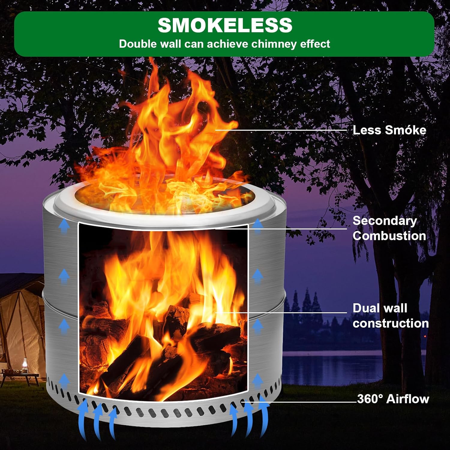 Nice C Fire Pits, 19.1 Inch Smokeless Fire Pits, Portable Fire Pit, Outdoor Fire Pit, Tabletop Fire Pit, Wood Buring Fireplaces, Stainless Steel, with Grill Grate, Removable Ash Tray & Carry Bag