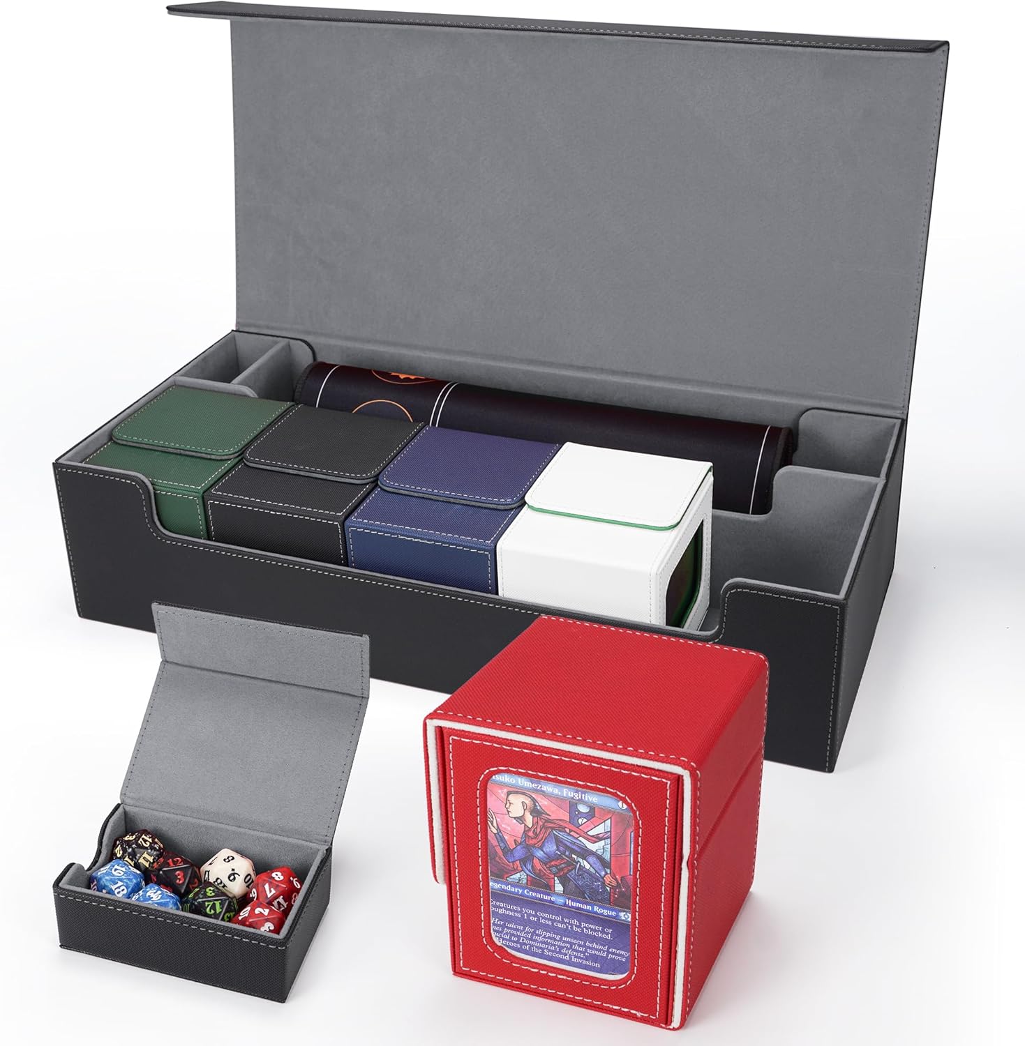 AFIING MTG Deck Box 6 In1 with MTG Playma,Premium Card Storage Box with 5 Pcs MTG Deck Box Holds 2400+ Trading Cards, Large TCG Card Deck Case for Magic Yugioh Sports Cards (Black&Grye)