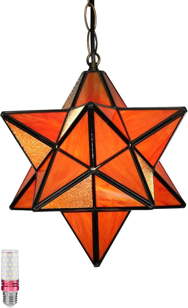Moravian Star Pendant Light Fixture, Stained Glass Hanging Light, Vintage Tiffany Style Chandeliers for Foyer Kitchen Hallway Orange Finish
