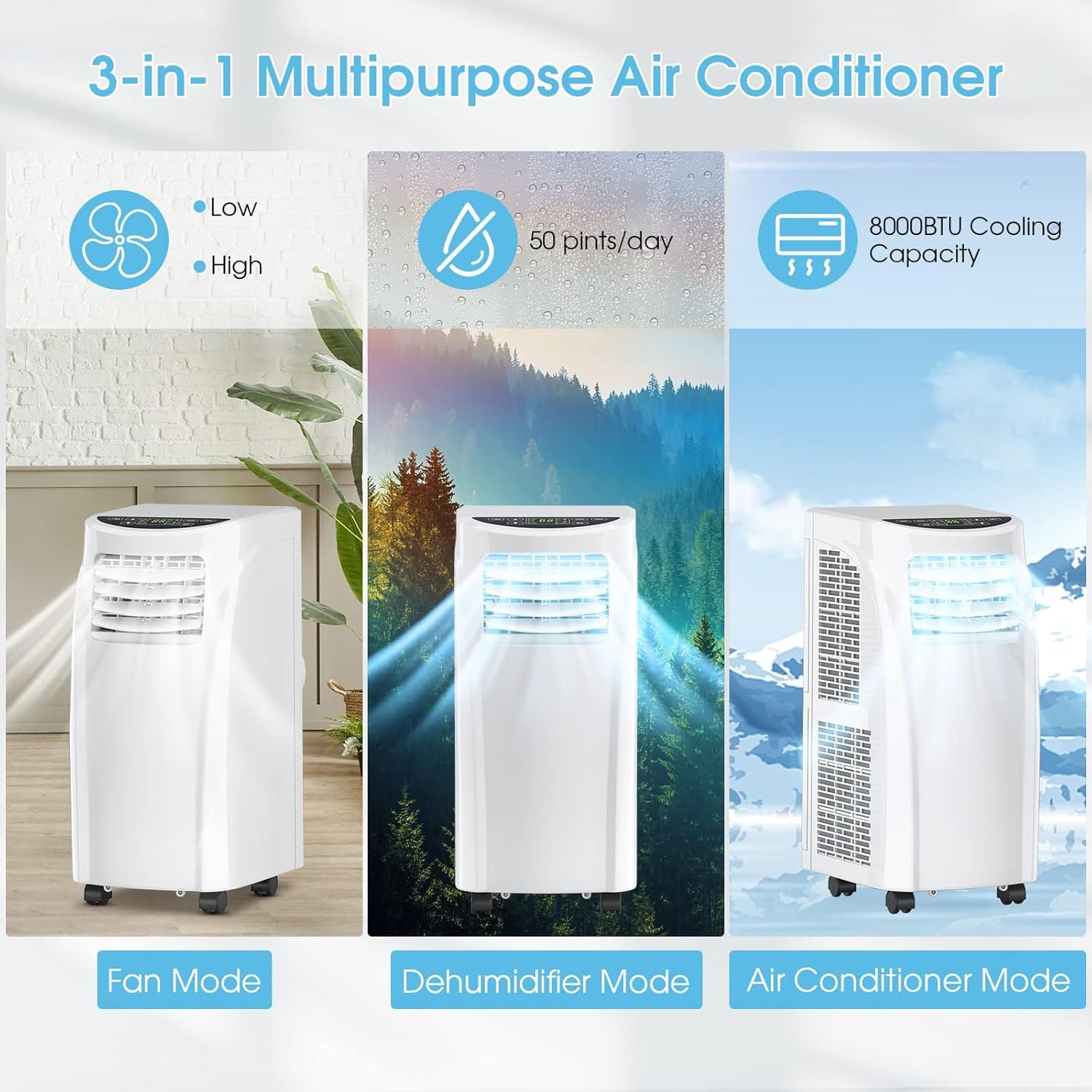 DORTALA Portable Air Conditioner, 8000 BTU 3-in-1 Floor AC Unit w/Dehumidifier Function, Fan Modes, Remote Control, Complete Window Wall Mount, 4 Caster Wheel, White