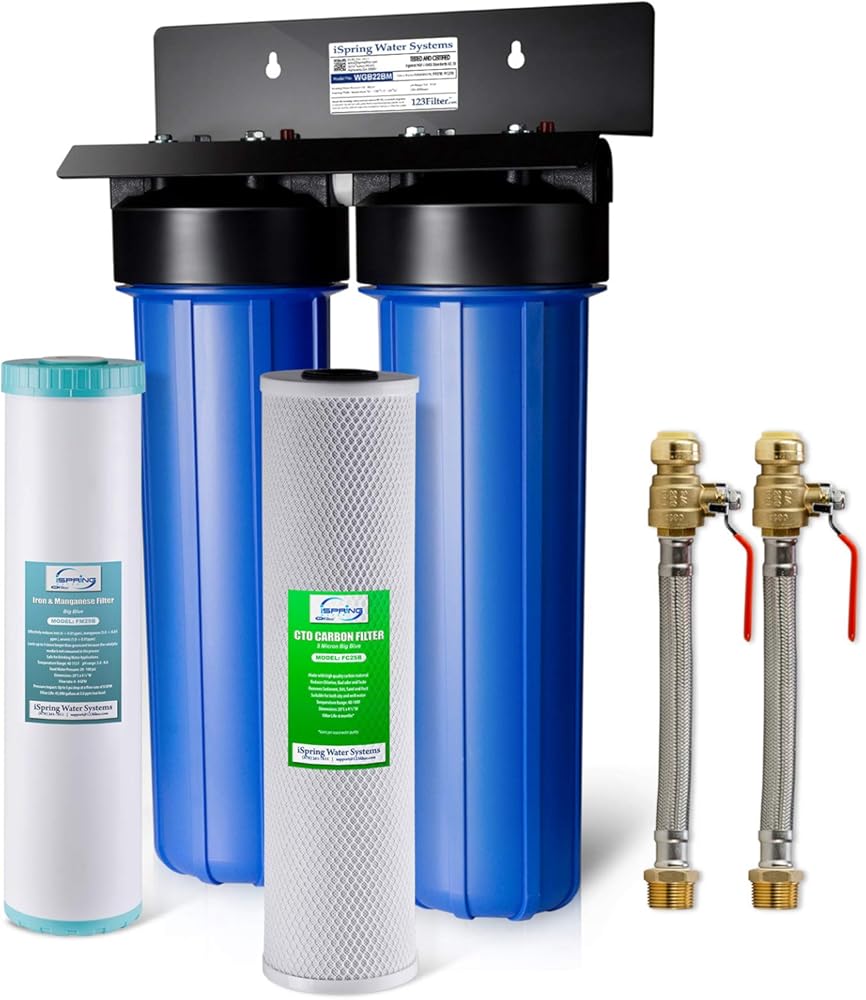 iSpring WGB22BM+AHPF12MNPT16X2 2-Stage Whole House Water Filtration System with 20” x 4.5” Carbon Block and Iron & Manganese Reducing Filters and 3/4