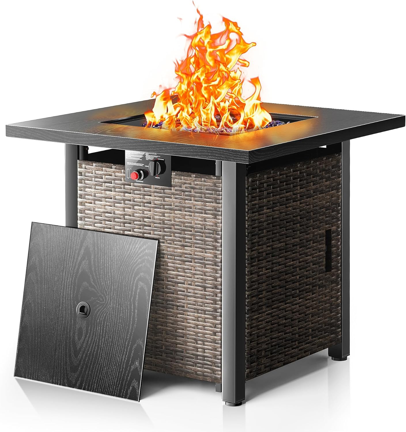 28” Outdoor Propane Fire Pit Table, 50,000 BTU Square Rattan Gas Fire Pit with Lid & Blue Crystal Stones, Steel Tabletop, Adjustable Flame, 4-in-1 FirePit Table for Patio, Backyard, Outdoor Gatherings