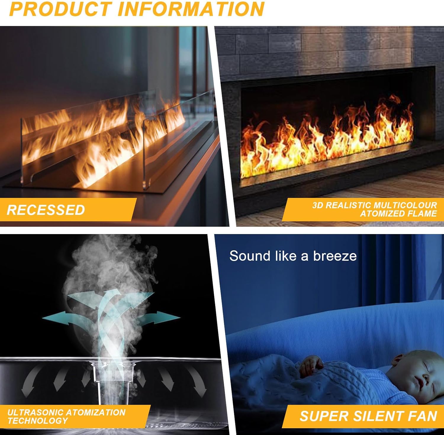 Chimenea eléctrica de Vapor empotrada, 9 Colores, 3D Llama atomizada realista, llenado/drenaje automático, Panel Selfcolour 500mm,Multicolor-Panel1000mm(39.37in)