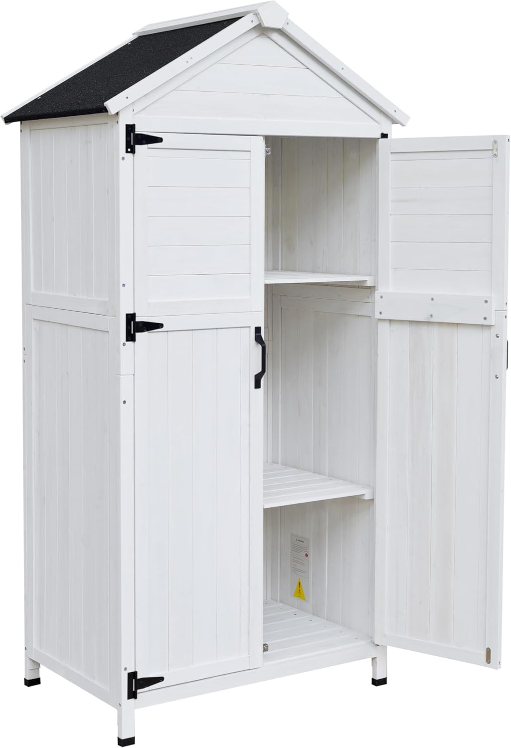 67 Inch White Fir Wood Storage Shed with Double Doors Traditional Farmhouse Design for Garden Tool Organization and Outdoor Storage