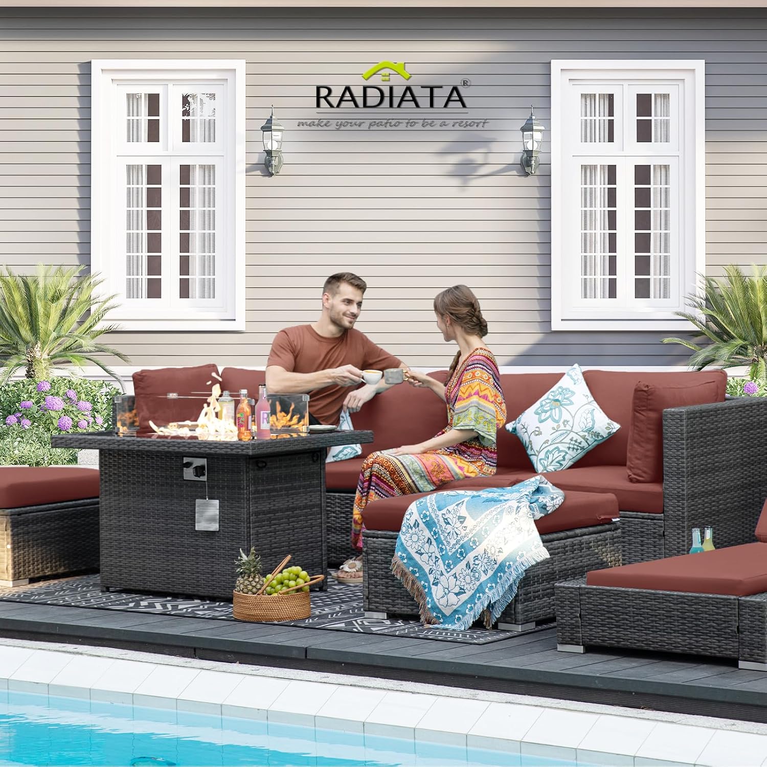RADIATA 7 Piece Wicker Patio Furniture Set with Fire Pit, All-Weather Outdoor Sectional Couch High Back Large Size, Modular Backyard Seating Sofa Set with Propane/Natural Gas Firepit Table, Grey&Red