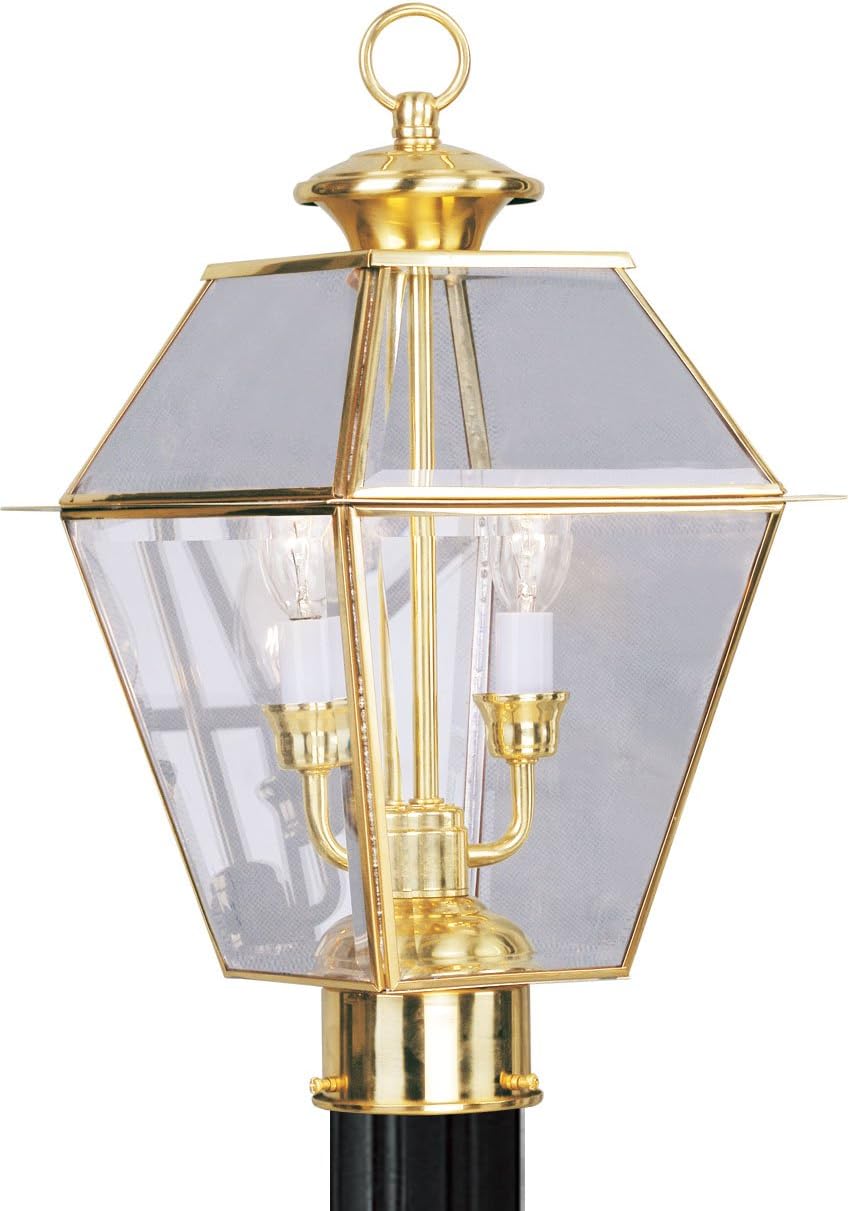 Livex Lighting 2284-02 Outdoor Post with Clear Beveled Glass Shades, Polished Brass