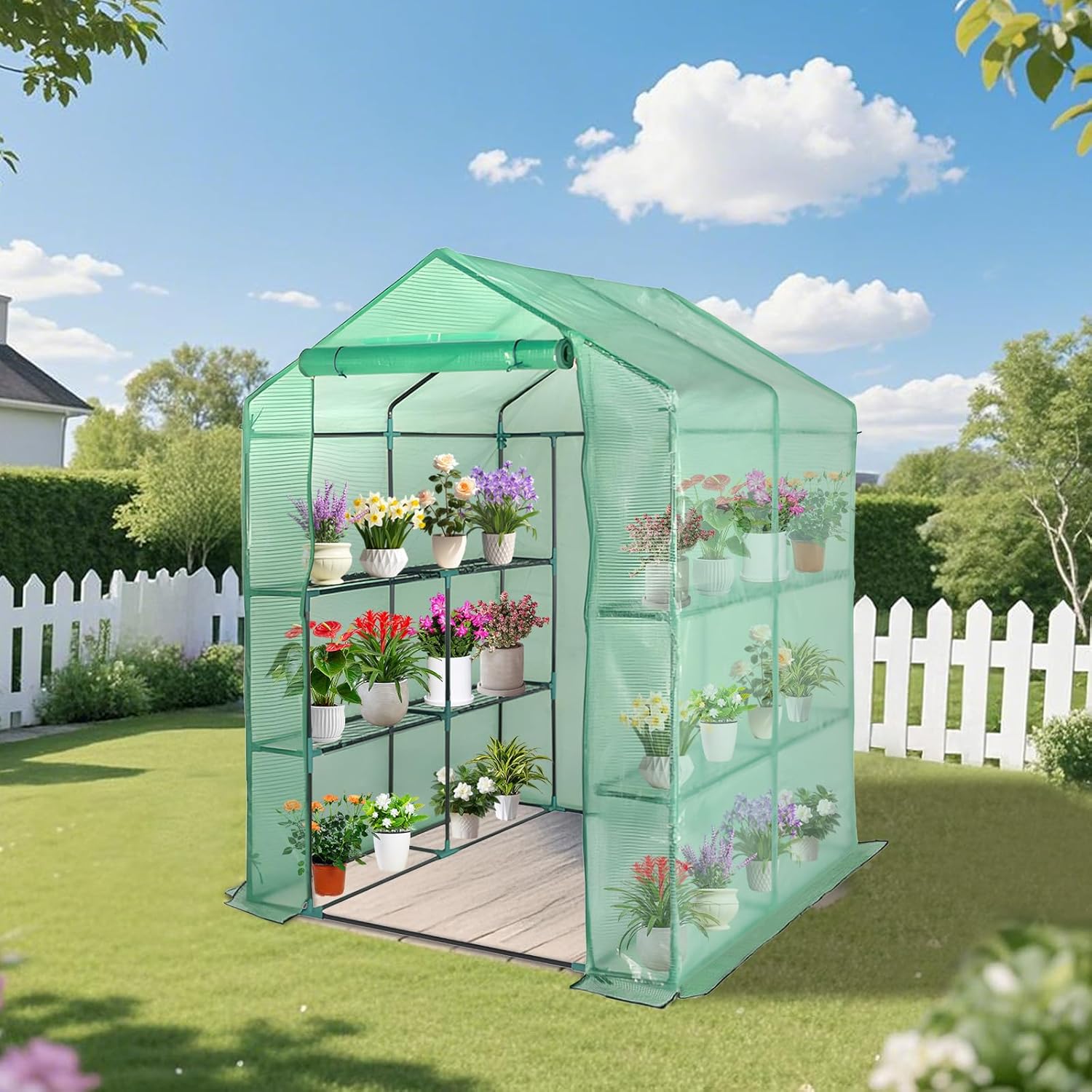 Greenhouses for Outsides Heavy Duty, 57×57×74In Walk-in Garden Houses for Outside, PE Cover, 8 Sturdy Shelves, Plastic Greenhouse for Plants, Flowers, Outdoor Garden