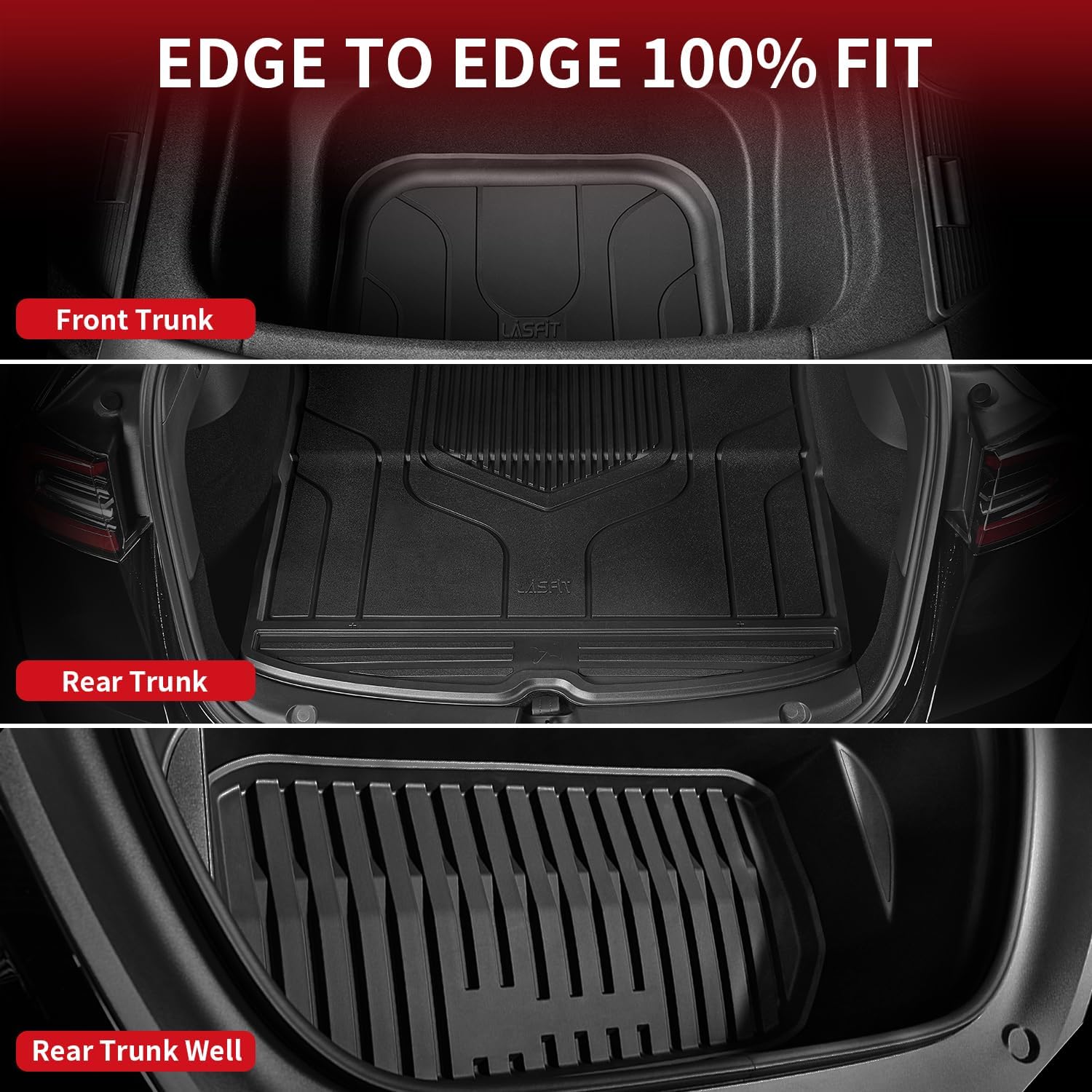 LASFIT 6PC Premium Extra Thick Floor Mats for Tesla Model Y 2025 2024 2023-2020 5 Seater | Custom Fit TPE All Weather | Model Y Accessories 1st & 2nd Row & Cargo Trunk Mats Full Set, Black