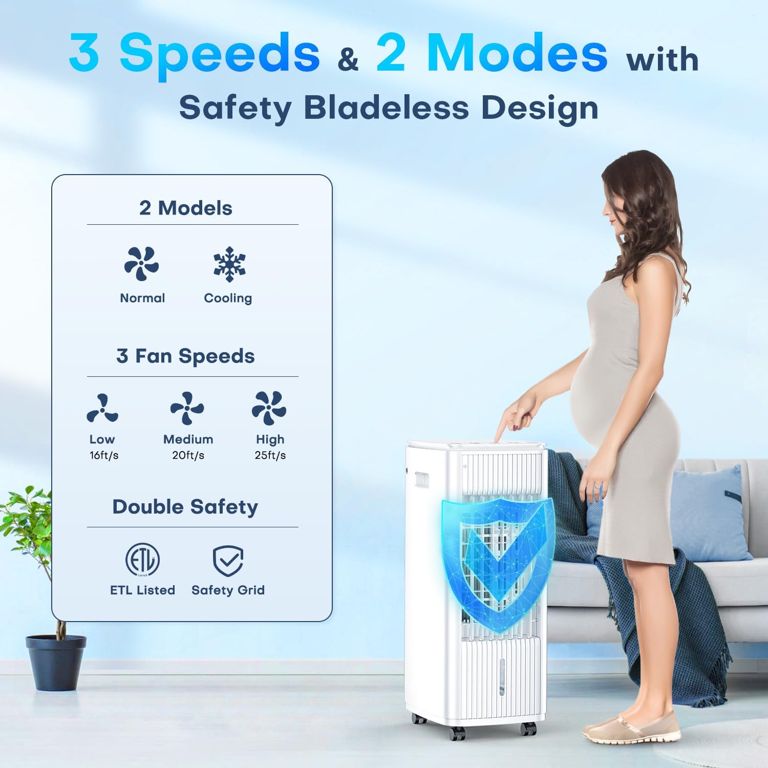 3-IN-1 Windowless Air Conditioner w/Double Tanks, Smart Timer, 3 Ice Packs, 60W Evaporative Air Cooler, 70° Oscillation, 3-Speed 25-INCH Swamp Cooler Air Conditioner Portable for Room