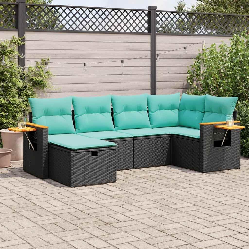 6 Piece Garden Sofa Set, Black Poly Rattan Outdoor Furniture with Cushions, Weather-Resistant Patio Dining Sets for Terrace, 1455 lbs Capacity