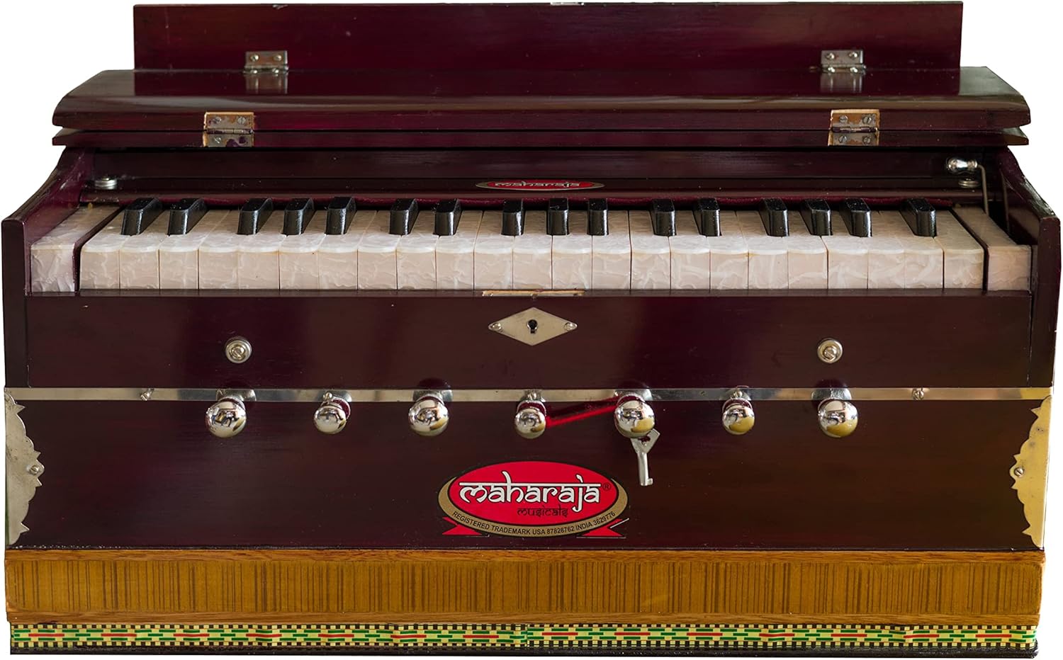Harmonium #1, Maharaja Musicals, Handmade Harmonium, 3 1/4 Octave (Saptak), 7 Stop, Standing, Coupler, Multi Bellow, Padded Bag, Tuned A440, Dark Mahogany Color, PDI-DB