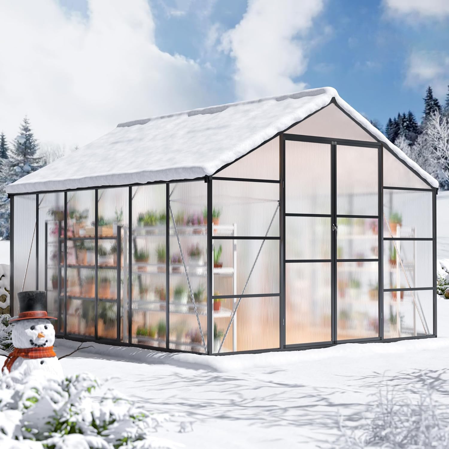 WKM 10x12 FT Greenhouse, Enhanced Aluminum Frame Greenhouses for Outdoors Withstands Strong Wind or Snow, Green House with Swing Door, Green Houses for Outside Garden Backyard, Black