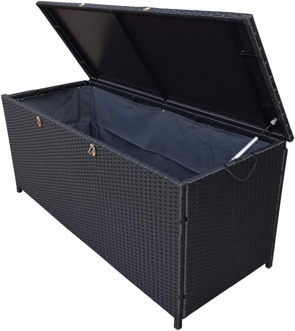 Oakland Living 58-Storage-BK 113 gal Indoor & Outdoor Balcony Patio Deck Porch Pool Wicker Storage Box Trunk Bin with Metal Frame, Black
