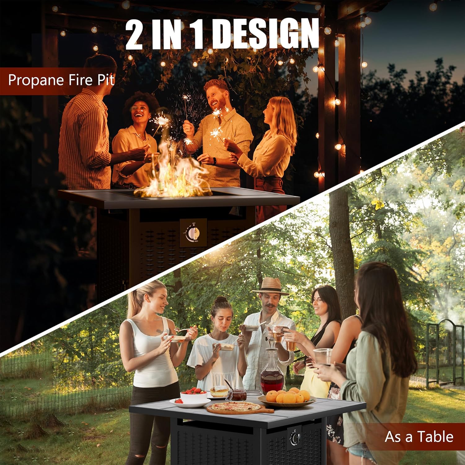 Vongrasig 30 Inch Propane Fire Table, 50,000 BTU Outdoor Gas Fire Pit Table, Square Tabletop with Lid,Lava Rock,Rain Cover for Outside Paito,Garden,Backyard (Grey Top)