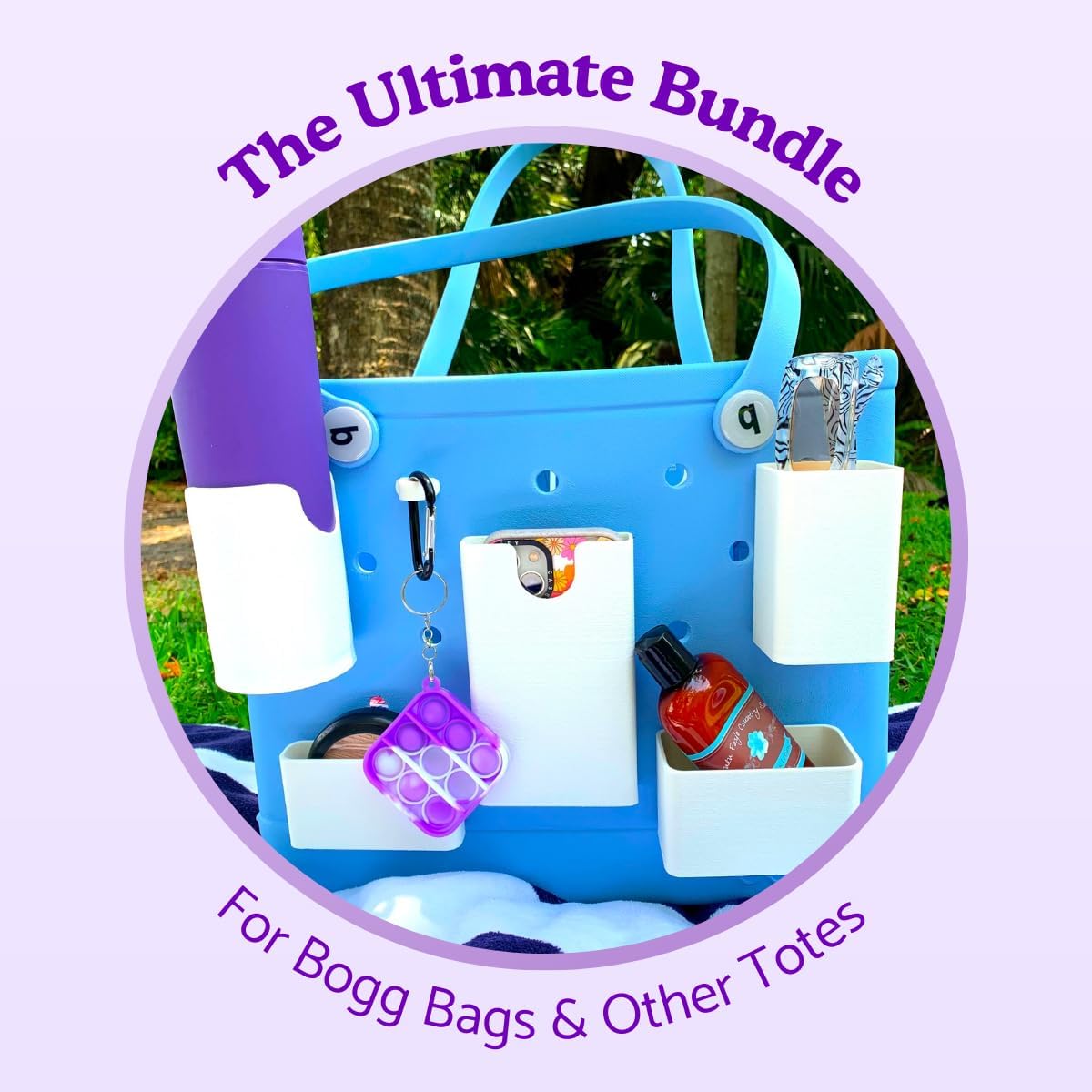 BAGLETS - The Ultimate Bundle - For Bogg Bags & Other Totes - Tote Bag Accessories - Phone Case Holder, Key & Wallet Holder, Carabiner Key Holder, Bottle Holder Accessory & Sunglasses Holder - White