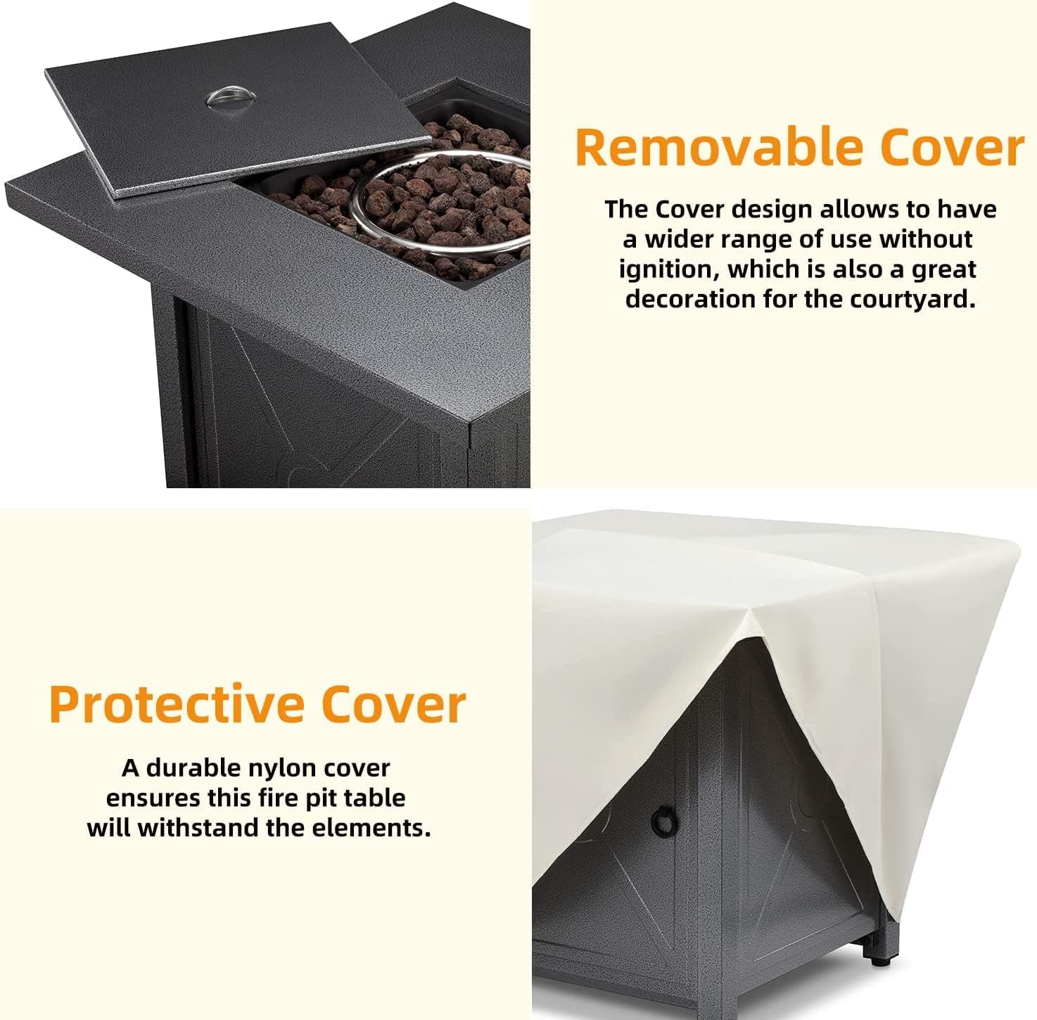 Xbeauty 28in Gas Fire Pit Table, 50,000 BTU Outdoor Propane Firepit,40,000 BTU Auto-Ignition Fire Tables with Lid, Rain Cover and 3 Pounds Lava Stones for Outside Garden Backyard Deck Patio (Square)