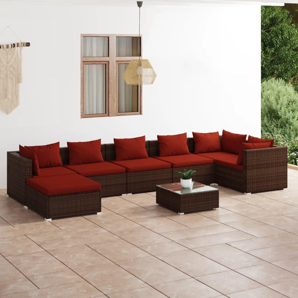 8 Piece Patio Lounge Set with Cushions Poly Rattan Brown,Modular Poly Rattan Patio Lounge Set with Cinnamon Red Cushions for Outdoor Comfort Patio Furniture Sets, Outdoor Furniture Sets