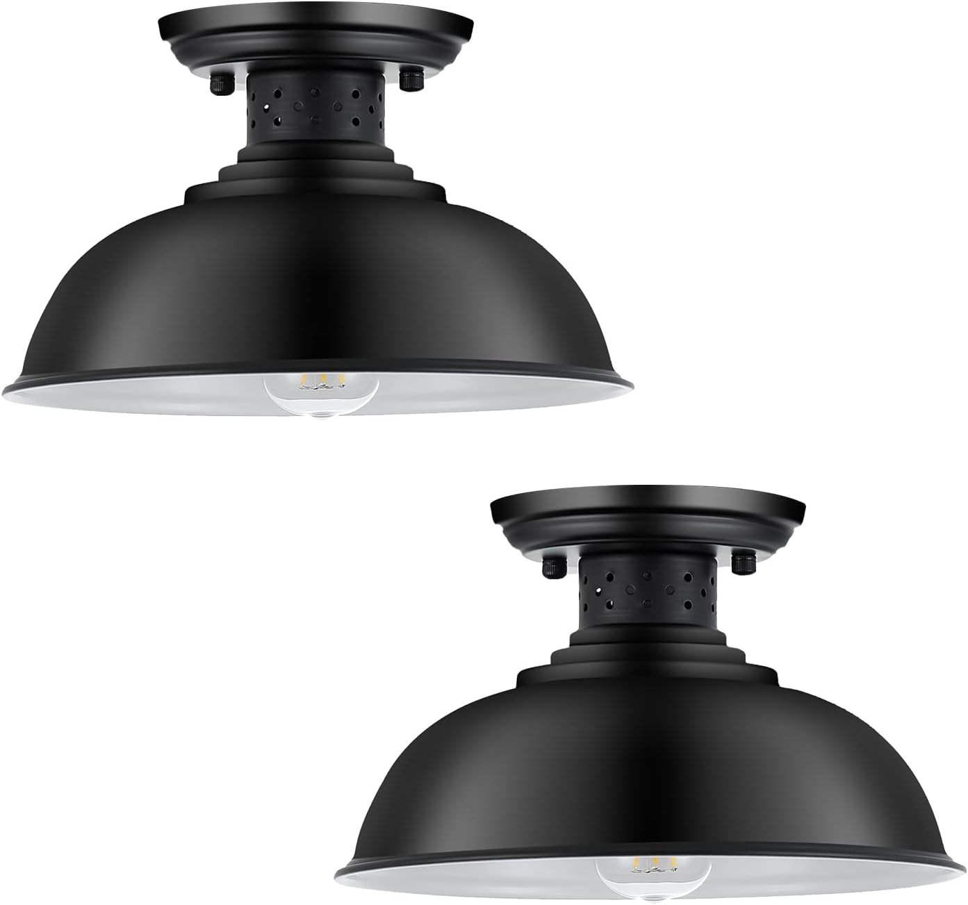 2PCS Industrial Vintage Ceiling Light, Semi Flush Lighting Kitchen Island Dining Room Foyer Hallway Porch Barn Loft, Black 13in
