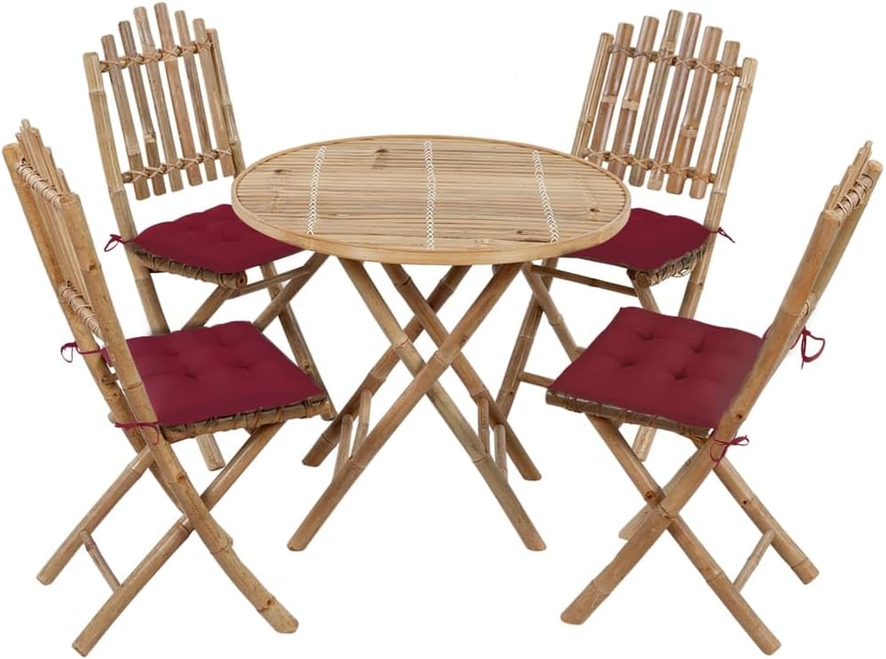 Rustic Bamboo Patio Dining Set, 4-Piece Outdoor Table and Chairs with Wine Red Cushions, Foldable, Weather-Resistant Furniture for Balcony, Garden
