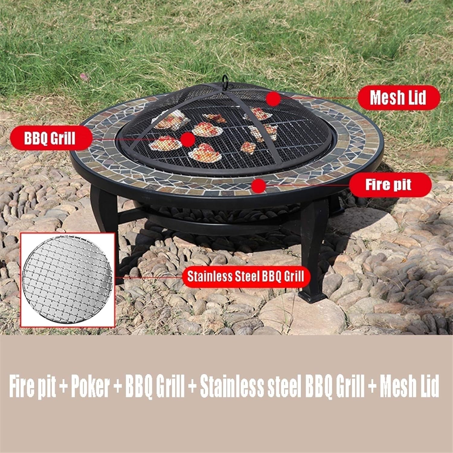 Fire Pits Outdoor 86cm Garden Wood Burning Fire Bowl, Outdoor Wood Burning Brazier, Party Camping Picnic Grill (Kit 2)