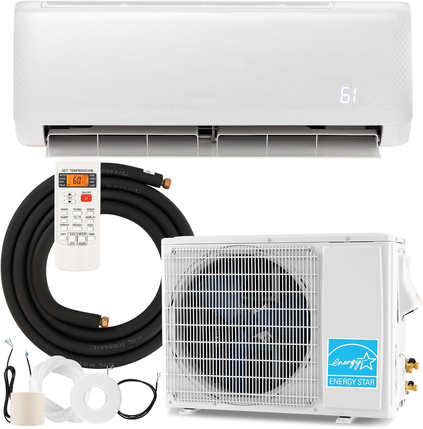 KOTEK 18000 BTU Mini Split AC/Heating System, Energy Star 21 SEER2 Inverter Ductless AC Unit, Cool Up to 1250 Sq.Ft, Air Conditioner w/1.5 Ton Heat Pump/Installation Kit(18000 BTU, 208-230V, 21 SEER2)