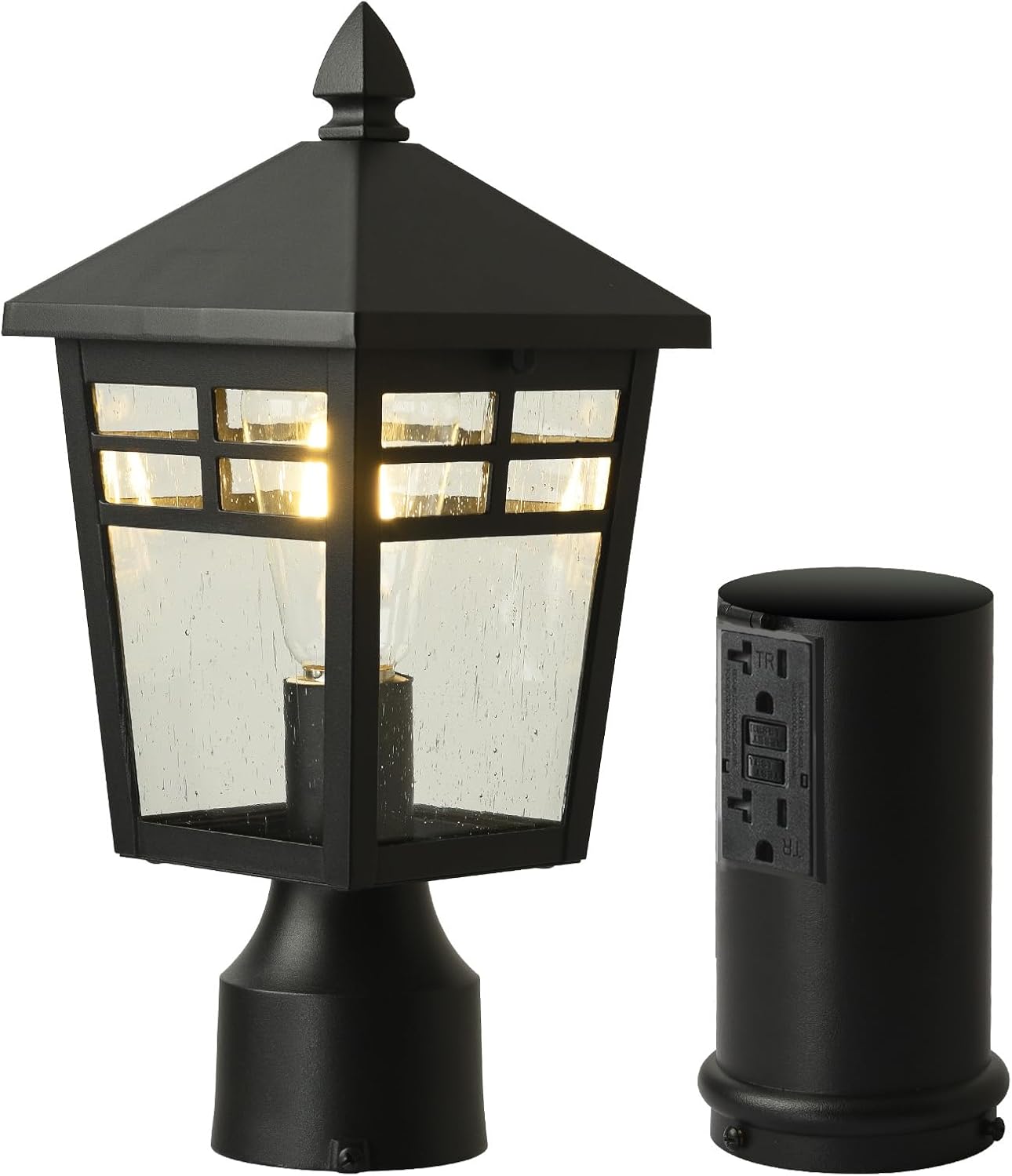 Dusk to Dawn Outdoor Post Light Fixture with GFCI Outlet, Modern Waterproof Aluminum Lamp Post Lighting, Exterior Pole Lantern for Driveway, Patio, Yard & Garden