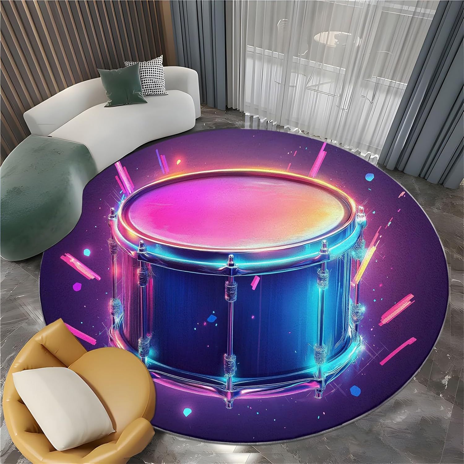 6 ft Round Area Rug for Living Room Bedroom Carpet Game Art Style Neon Drum Entryway Bedside Mat Easy Cleaning Home Decor Circle Floor Rug Music Drum Machine Washable No Slip Rugs