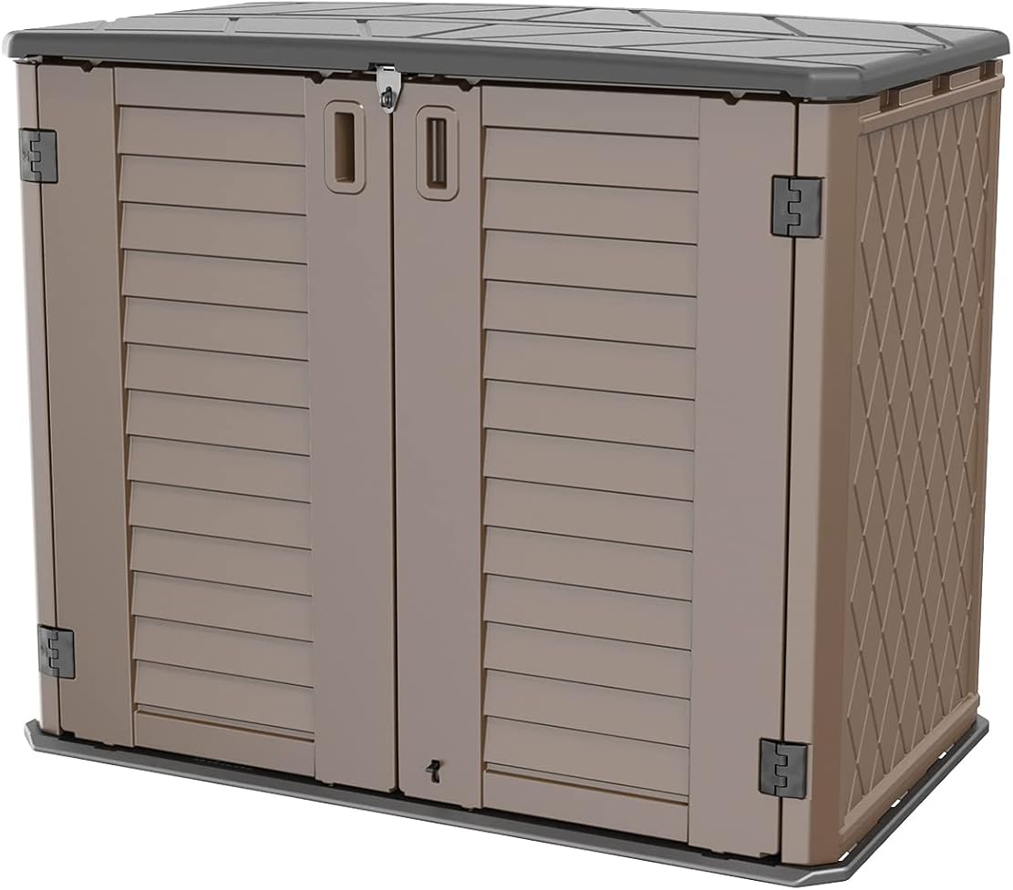 Horizontal Resin Storage Shed, 34 Horizontal Cu.ft Outdoor Storage Cabinet Waterproof for Garden/Backyard/Home/Pool, Lockable(34 Cu.ft-Brown)