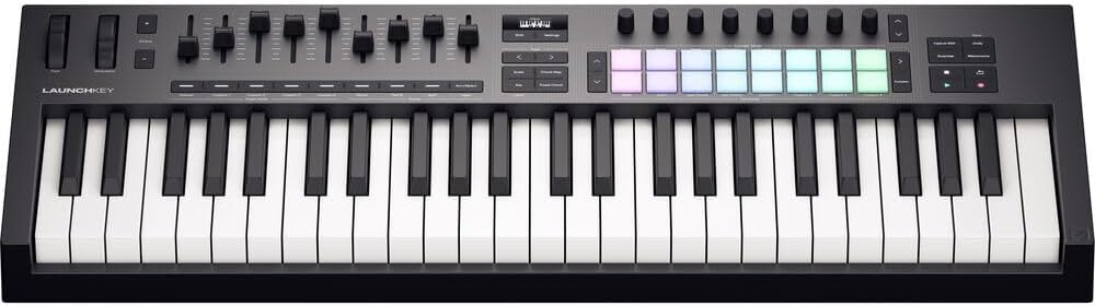 Novation Launchkey 49 MK4 USB MIDI Keyboard Controller (49 Keys) Bundle with HPC-A30 Studio Monitor Headphones, Universal Piano-Style Sustain Pedal, Keyboard Dust Cover and Midi cable 10' Black
