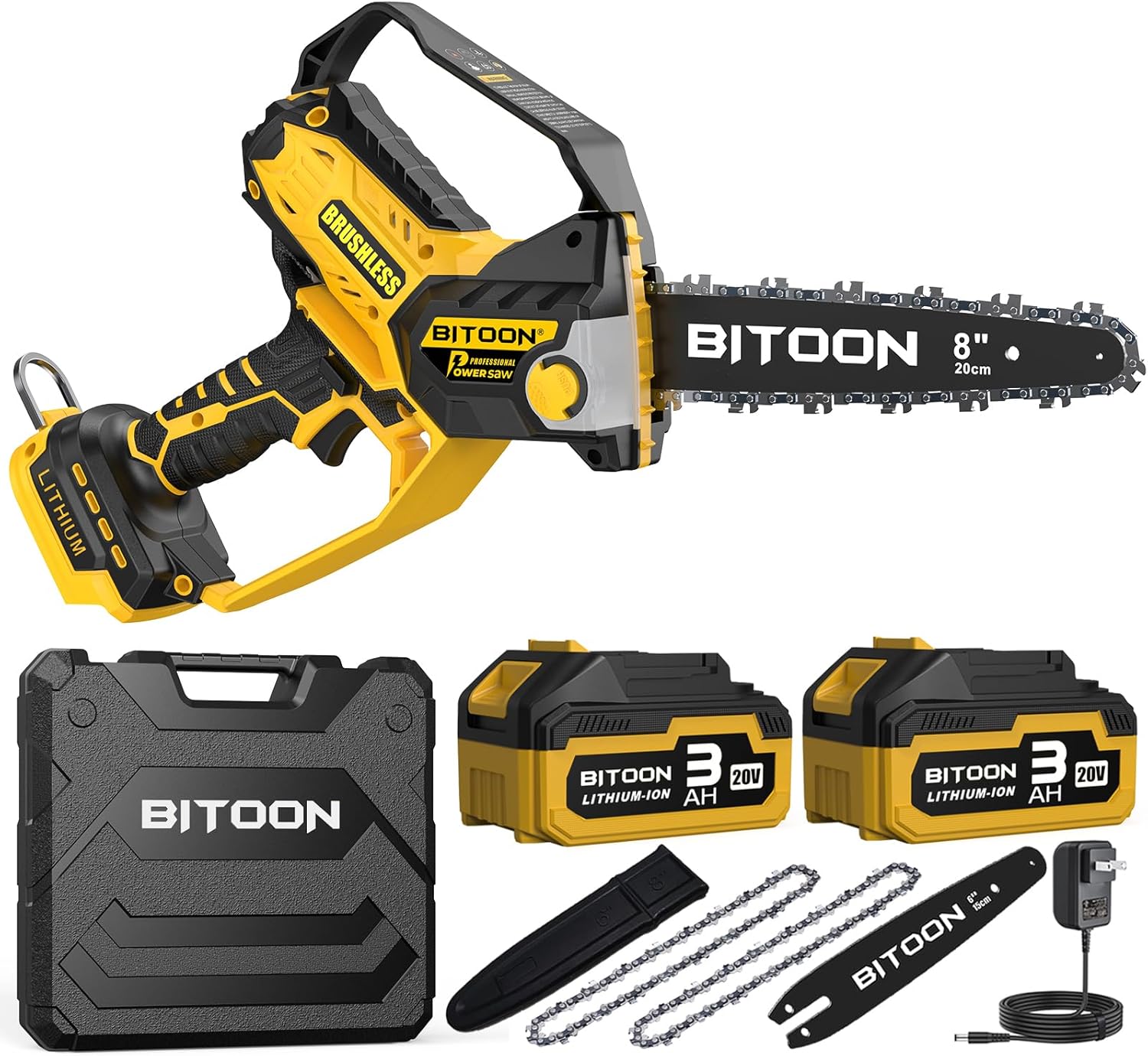 BITOON 8-Inch Mini Chainsaw with 2PCS 3.0Ah Battery and Charger, Auto-Oiler, Brushless Cordless 8-Inch and 6-Inch 2-in-1 Pruning Chain Saw, Portable Electric Chainsaw for Cutting Wood, Branches Yellow