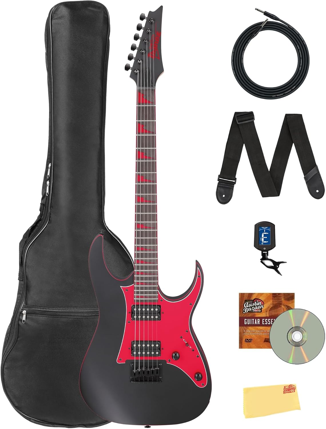 Ibanez GRG131DX RG Gio Electric Guitar - Black Flat Bundle with Gig Bag, Tuner, Strap, Instrument Cable, Austin Bazaar Instructional DVD, and Polishing Cloth
