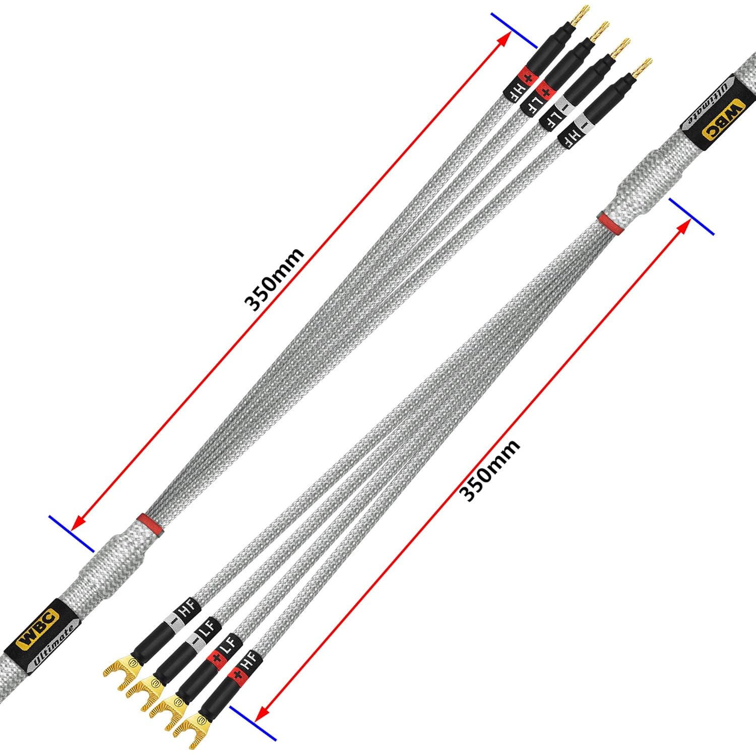 WORLDS BEST CABLES 6 Foot Ultimate - 12 AWG - Ultra-Pure OFC - Premium Audiophile HiFi Bi-Amp Speaker Cable Pair with Eminence Gold Banana (x4) & Spade (x4) Plugs & Silver Tweed Jacket